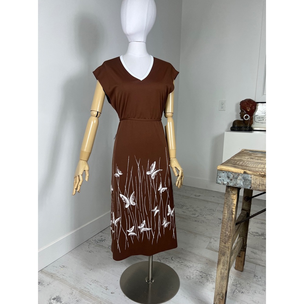 Vintage Alfred Shaheen Brown Butterfly Print Dress and Jacket Set 2pc